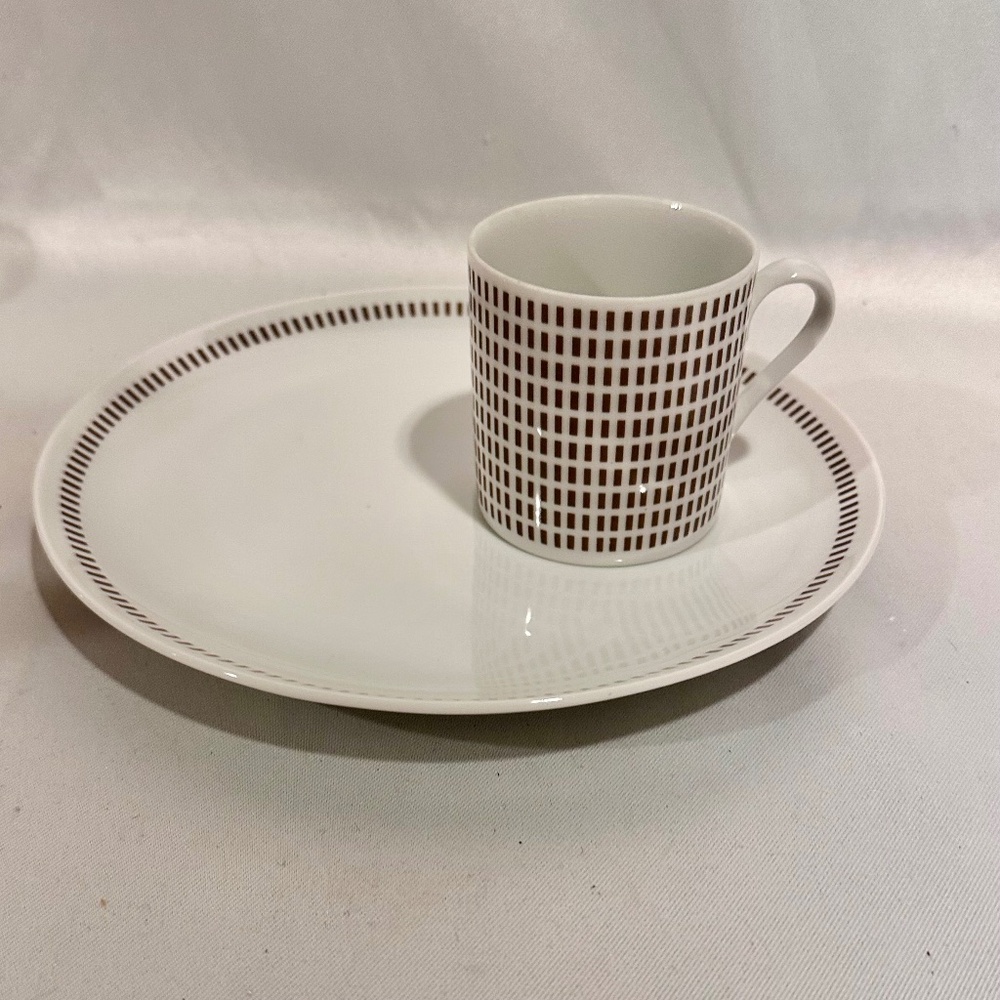 Mid-Century Luncheon Plate Cup Set Brown Linear Dot White Porcelain